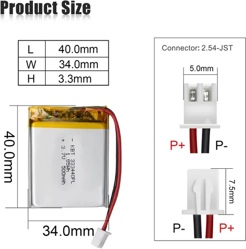 Miniatura 2 de Batería de polímero de litio KBT 3.7V 500mAh: 333440 Reemplazo de baterías de iones de litio recargables con conector JST 2.54 para grabadora