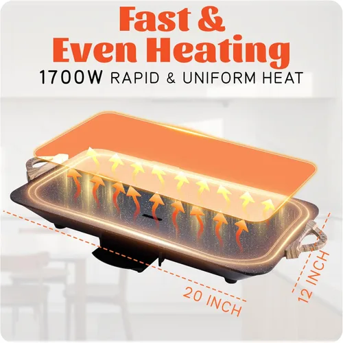 Miniatura 3 de BBQ Masters - Plancha eléctrica de 12 x 20 pulgadas, superficie de granito ILAG antiadherente de 1700 W, diseño grande inclinado, perfecto