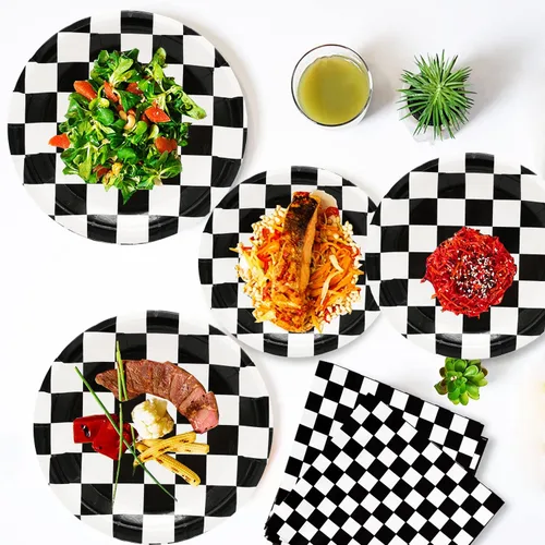 Miniatura 4 de 100 piezas de suministros de fiesta de autos de carreras a cuadros negros y blancos, platos de cena y postre de 9 y 7 pulgadas, servilletas, tazas