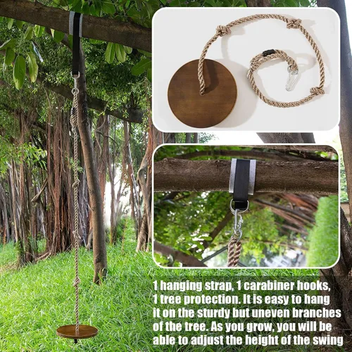 Miniatura 5 de Yangbaga Columpio de cuerda de disco redondo de madera de 51 a 73 pulgadas, cuerda de escalada ajustable con correa para colgar, gancho a presión