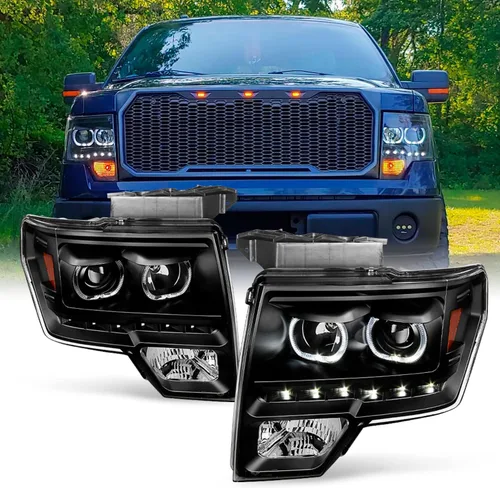 AKKON - Para Ford F150 Faros delanteros con halo exclusivo negro, proyector SMD DRL LED, lado del conductor y del acompañante (x par)