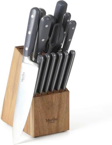 Martha Stewart Eastwalk Juego de 14 cuchillos de acero inoxidable de alto carbono con mango forjado remachado triple de ABS, bloque de madera de Gris
