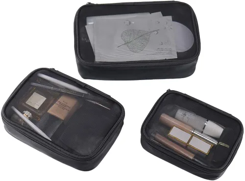 Miniatura 6 de Bolsa de maquillaje de malla, bolsa de aseo de malla negra, bolsa de maquillaje de viaje con cremallera (mediana)