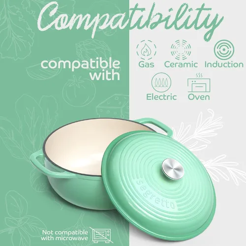 Miniatura 8 de Segretto Cookware Horno holandés de hierro fundido esmaltado, 6 cuartos de galón, verde claro Verde Chiaro (verde claro)