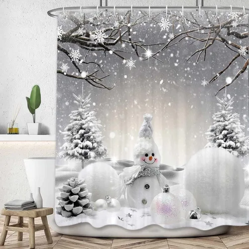 Miniatura 9 de Cortina de ducha de Navidad con muñeco de nieve para caravana y RV, cortina de baño para remolque de viaje, gris, copos de nieve de invierno, juego