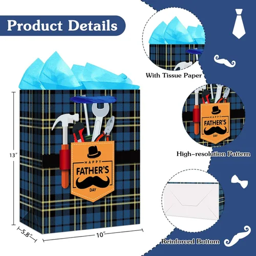 Miniatura 5 de WaaHome Bolsa de regalo para el día del padre para papá, con papel de seda y asa, 13 x 10.5 x 5.8 pulgadas, bolsa de regalo grande azul para el día