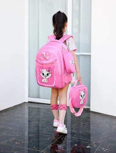 Miniatura 7 de Mochila escolar ligera de encaje con estampado de gatos, bolsa escolar de princesa, bolsa para libros, bolsa para bolígrafos para niñas de primaria
