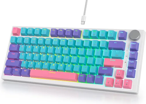 Miniatura 16 de Fogruaden Teclado para juegos con cable, 75 por ciento, intercambiable en caliente, teclado mecánico cremoso de montaje en junta con perilla