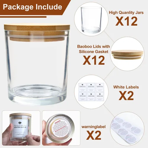 Miniatura 3 de CONNOO Paquete de 12 frascos de velas de vidrio transparente de 10 oz con tapas de bambú para hacer velas, frascos de velas vacíos de tamaño grande
