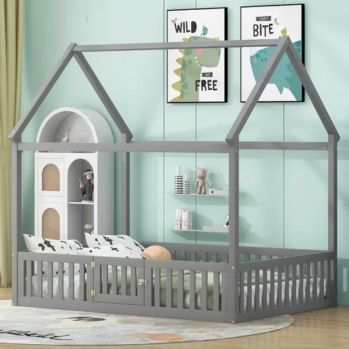 Miniatura 4 de VilroCaz Cama de casa de tamaño matrimonial para niños, marco de cama Montessori de madera maciza con valla y puerta para niños y niñas, diseño