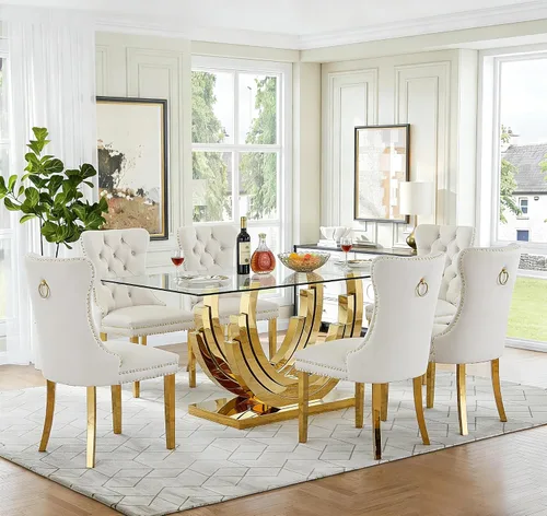 Miniatura 14 de Mesa de comedor de cristal para 6-8 personas, mesa rectangular de comedor de cocina de 70 pulgadas con tapa de vidrio templado y base de acero