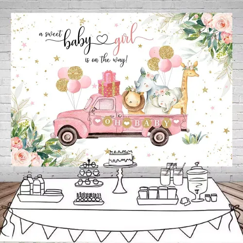 Miniatura 2 de Mocsicka Telón de fondo para baby shower con texto en inglés "A Sweet Baby Girl is On The Way", telón de fondo de fotografía para mesa de pastel
