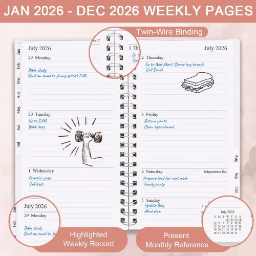 Miniatura 3 de Planificador de bolsillo/Calendario 2026 - enero de 2026 a diciembre de 2026, A6 Organizador semanal y mensual, cuaderno y diario para rastrear