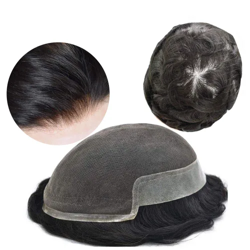 LYRICAL HAIR Toupee - Sistema de piezas de cabello para hombre, encaje francés con nudos blanqueados en la parte delantera, peluca de pelo sintético