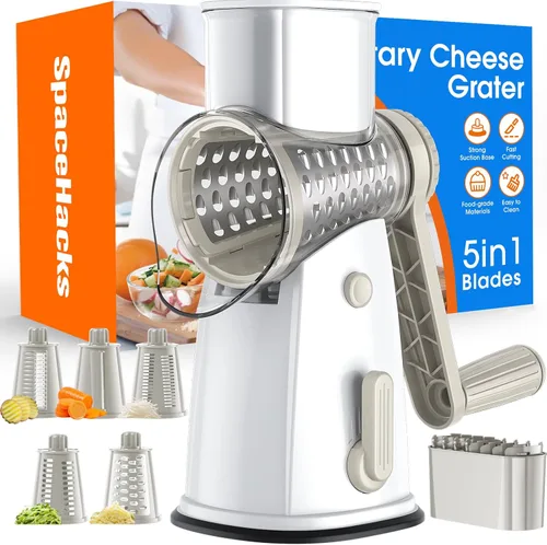 Miniatura 9 de Rallador giratorio de queso con manivela manual con 5 cuchillas intercambiables, picadora de verduras, rebanadora espiralizadora para frutas, Negro