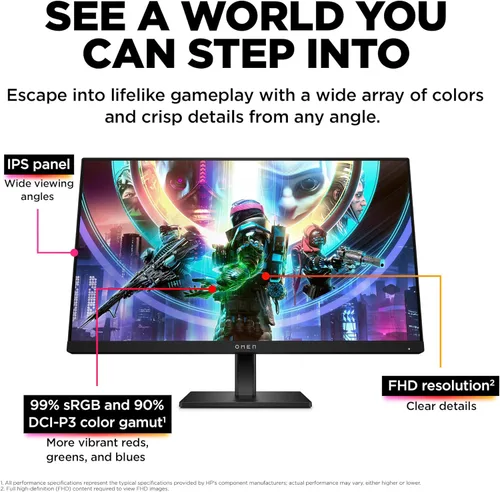 Miniatura 3 de HP OMEN - Monitor para juegos FHD de 23.8 pulgadas, 165 Hz, pantalla FHD (1920 x 1080), panel IPS, 99% sRGB, 90% DCI-P3, 16:9, tecnología AMD