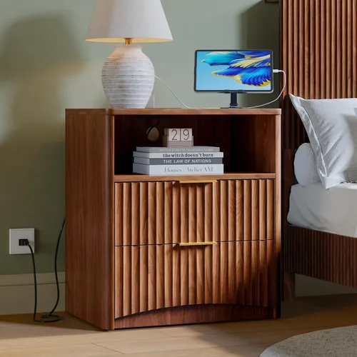 Miniatura 12 de Evermagin Mesita de noche acanalada, mesita de noche de roble natural con cajón y almacenamiento, mesa auxiliar de madera moderna de mediados
