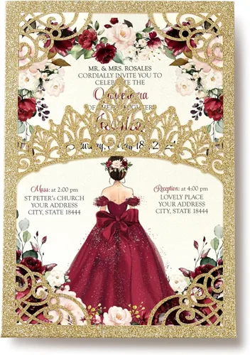 Miniatura 9 de 50 invitaciones de quinceañera con corona negra perlada cortada con láser Invitaciones de cumpleaños florales burdeos para Sweet 16/Miss XV