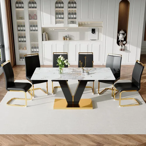Miniatura 7 de Juego de mesa de comedor para mesa de comedor de mármol de 6,71 pulgadas, mesa de cocina moderna con 6 sillas de piel sintética, juego de mesa