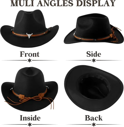 Miniatura 6 de DOCILA Sombrero de vaquero occidental unisex de fieltro de piel sintética, sombreros de vaquera americanos, sombrero de Rodeo de ala ancha