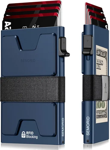 Miniatura 11 de Cartera delgada de aluminio para hombre, placa trasera expandible duradera, bloqueo RFID, billetera desplegable de metal minimalista, con capacidad