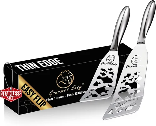 Juego de espátulas de pescado de acero inoxidable – Edición Funky Fish, 1 espátula grande para pescado + 1 espátula pequeña de metal, borde