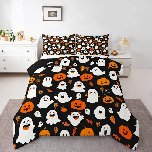 Miniatura 9 de Feelyou Juego de edredón de Halloween, color rosa fantasma, juego de ropa de cama tamaño individual, decoración para niños y niñas, lindo juego