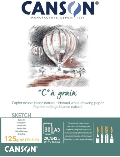Canson C à Grain A3 - Bloc de papel blanco para dibujo y boceto, 30 hojas, textura de grano fino, pegado en un lado corto, ideal para artistas