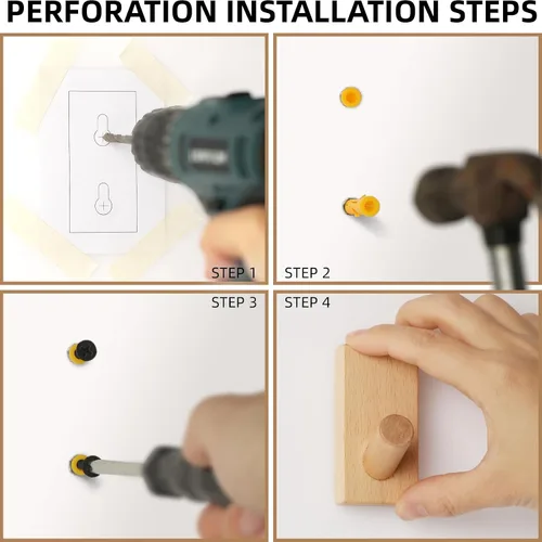 Miniatura 4 de Paquete de 4 ganchos de madera para pared, de madera natural, ahorro de espacio, sin daños, adhesivos para entrada, dormitorio, puerta de cocina
