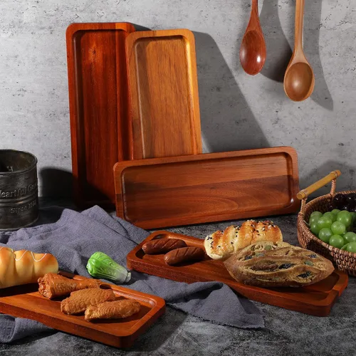 Miniatura 5 de Skylety Paquete de 15 bandejas de madera maciza para servir grandes de acacia para fiestas, tablero rectangular de charcutería con mango ranurado