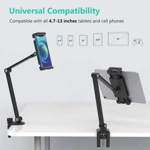 Miniatura 4 de Soporte de Escritorio para iPad, Abrazadera Ajustable para Tablet, Rotación de 360 Grados, Montura de Brazo de Tablet de Aluminio Resistente