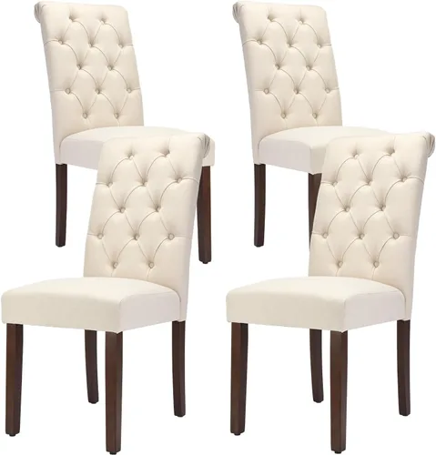 Miniatura 10 de Juego de 2 sillas de comedor capitoné, sillas de comedor Parsons tapizadas, sillas auxiliares de cocina de tela con patas de madera, beige
