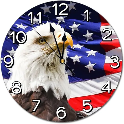 Reloj de pared con bandera estadounidense patriótica de águila calva, funciona con pilas, reloj redondo silencioso para decoración de pared para el