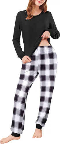 Miniatura 212 de Ekouaer Conjunto de pijama de manga larga para mujer, ropa de dormir suave con cuello redondo y bolsillos