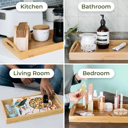 Miniatura 4 de Greenco Bandeja rectangular de bambú para servir mayordomo con asas, bandejas de cama para comer, bandeja de cama, bandeja de desayuno