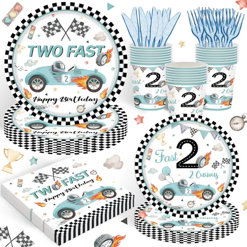 120 piezas de suministros de fiesta de cumpleaños rápidos para niños, 2º cumpleaños para niños, dos fiestas rápidas, dos coches de carreras