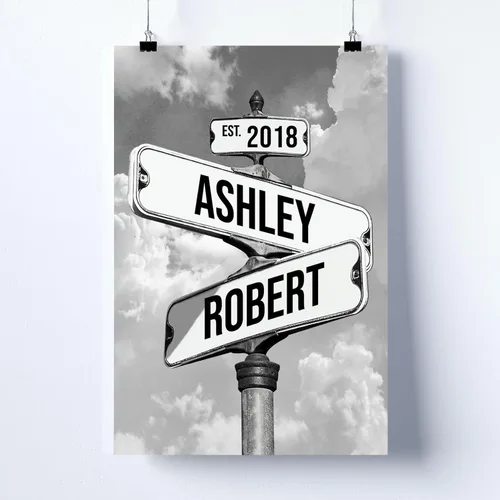 Miniatura 4 de Mapileng Lienzo personalizado de Crossroads Street Sign para parejas, nombres personalizados y fecha, arte de pared vintage, regalo del día de San