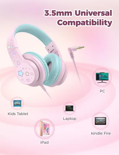 Miniatura 5 de iClever - Auriculares infantiles para la escuela/viajes con volumen seguro de 85dBA, HS19S - Auriculares circumaurales estéreo para niños y niñas