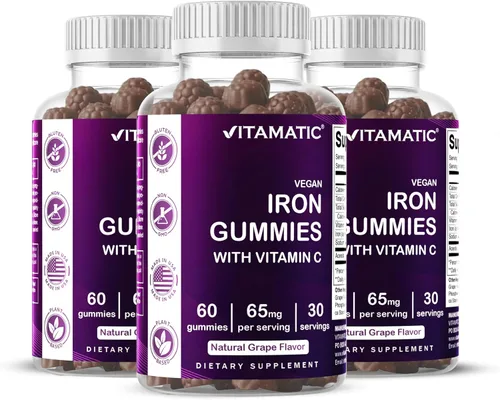 Miniatura 11 de Vitamatic Suplemento de gomitas de hierro de 65 mg para mujeres y hombres, 60 gomitas veganas, vitaminas de gomitas de hierro de gran sabor