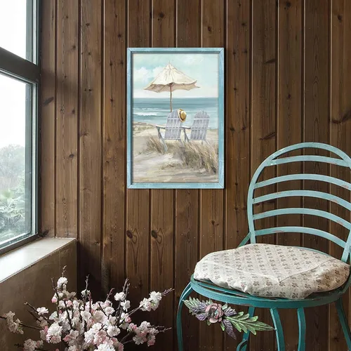 Miniatura 3 de Arte de pared enmarcado costero abstracto, imagen de silla de playa, pintura moderna del océano, impresiones de paisaje marino relajante, decoración