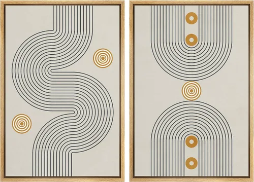 Miniatura 44 de IDEA4WALL Lienzo enmarcado para pared, juego de arte Bauhaus dorado de mediados de siglo, patrón de cuadrícula moderna, ilustraciones con formas