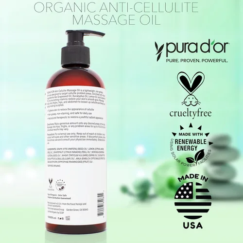 Miniatura 7 de PURA D'OR Aceite de masaje anticelulítico orgánico de 16 onzas para piernas tonificadas y glúteos, cáscara de limón, moringa, semilla de uva, pomelo