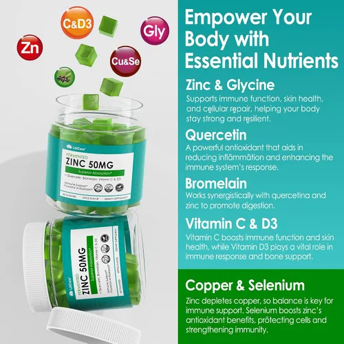 Miniatura 6 de Zinc Gummies 50mg + Quercetin & Bromelain, Vitamin C & D3, Copper, Selenium, Fermented Zinc Supplements for Women and Men for Immune Defense