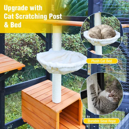 Miniatura 5 de Catio grande de madera para gatos de 70.1 pulgadas, casa para gatos de varios niveles con plataformas, hamaca y poste rascador, panel trasero