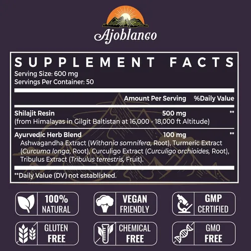 Miniatura 2 de Ajoblanco Resina Shilajit orgánica natural del Himalaya de 600 mg – Resina Shilajit de oro del Himalaya con mezcla ayurvédica orgánica en alta