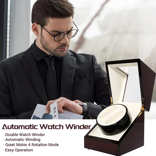 Miniatura 2 de Uten Caja automática para reloj de madera, caja de almacenamiento de reloj de lujo, enrollador de reloj doble con motor silencioso, 4 modos