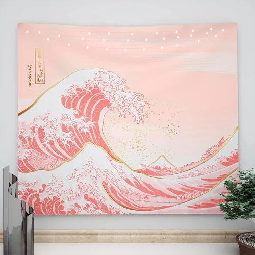 Miniatura 8 de Ovenbird Tapiz de olas rosa pastel y dorado, tapiz japonés para estética de dormitorio, para colgar en la pared, 59 x 51 pulgadas