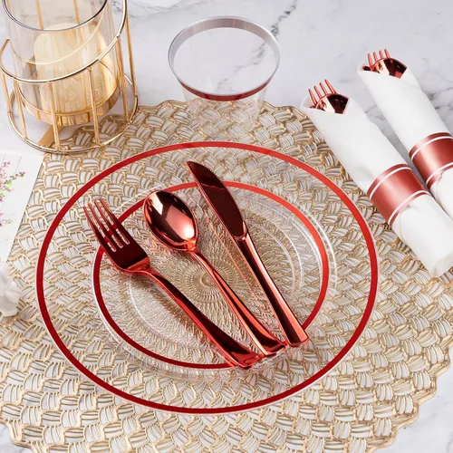 Miniatura 5 de Goodluck Juego de vajilla de plástico rojo de 350 piezas para fiesta, platos desechables transparentes para 50 invitados, incluye: 50 platos de cena