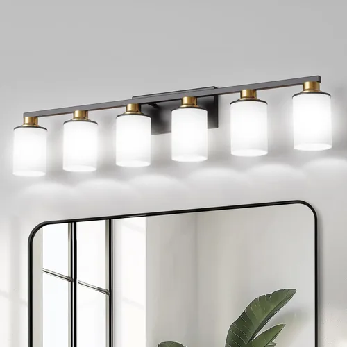 Miniatura 15 de DORESshop Lámparas de baño, 3 luces negras y doradas para baño sobre espejo con pantalla de vidrio transparente, luces de tocador para baño, Negro