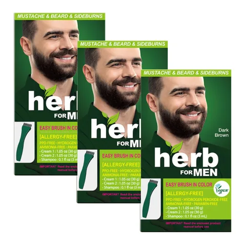 Tinte para bigote y barba para hombre (marrón oscuro, paquete de 3), sin PPD, sin amoníaco, vegano con ingredientes naturales, suave para pieles